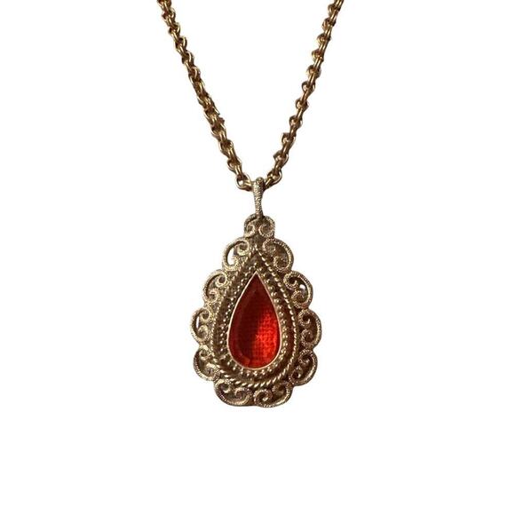 Vintage Womens Double Necklace With Orange Pear Shaped Stone Antiqued Gold Tone - Picture 2 of 4